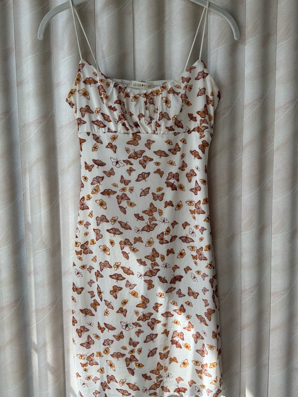 Ultra Flirt White Midi Slip Dress with Brown & Gold Butterfly Print